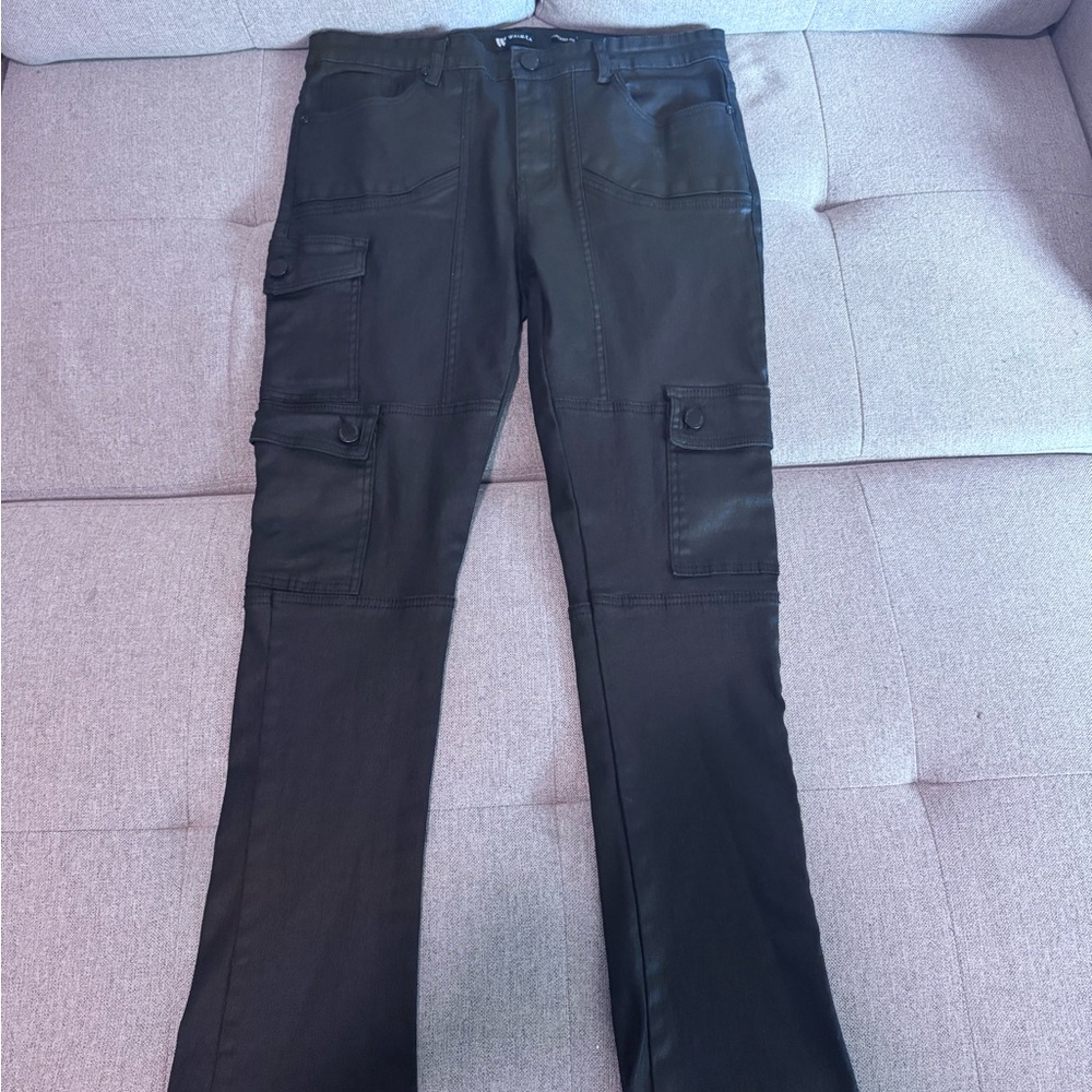 Black leather stacked jeans